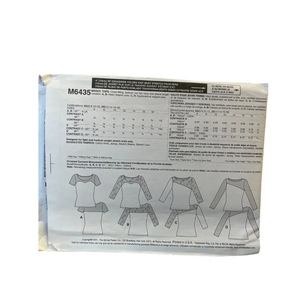 McCalls Sewing Pattern 6435‎ Top Shirt Knits Misses Size 12-18
